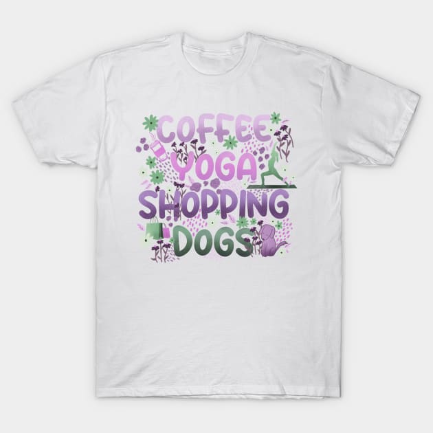 Coffee Yoga Shopping Dogs in Purple-Green T-Shirt by Booneb